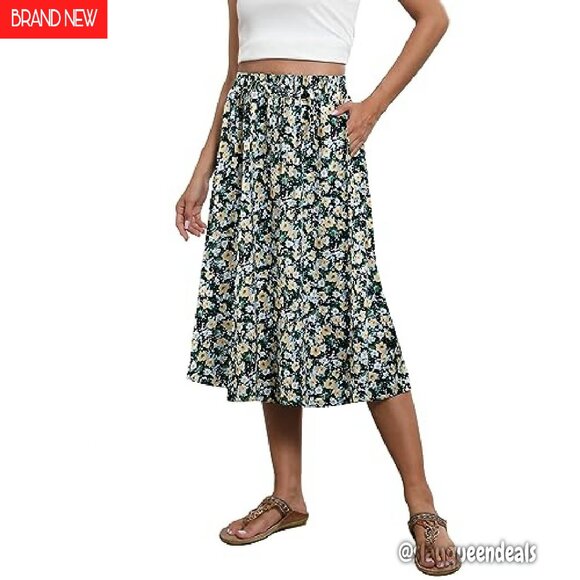 Flowy Midi Skirt High Waist Elastic A-Line with Pockets Boho Chic - Picture 2 of 8